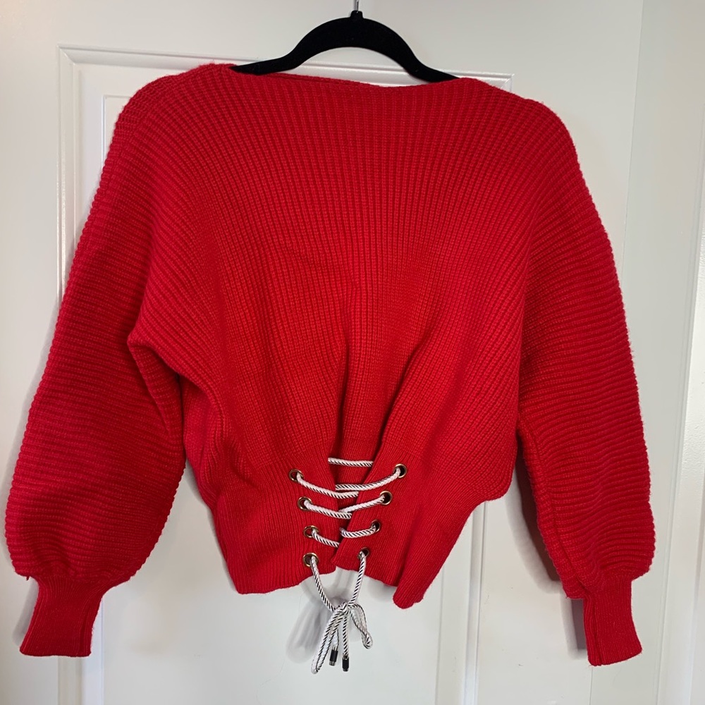 Red lace tie sweater